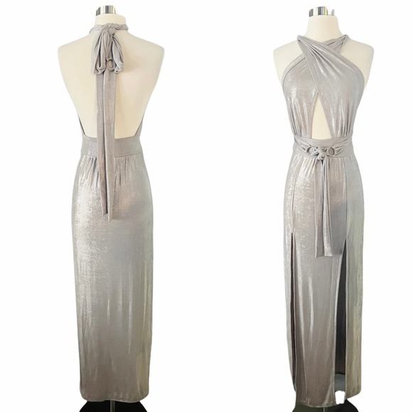 T. ZOVICH Maxi Dress Slinky Metallic Silver Multiway Halter Open Back Slits S/M - Picture 2 of 10